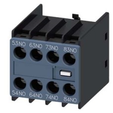 3RH2911-1GA40 auxiliary switch, on the front, 4 NO, 53/54, 63/64, 73/74, 83/84, current path: 1 NO, 1 NO, 1 NO, 1 NO, screw terminal, physically coded, only with contactor relays 3RH2140 and 3RH2440 combinable (according to EN 50011)