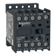 LC1K0610B7 Contactor, TeSys K, 3P, AC-3/AC-3e,440V 6A, aux. 1NO, 24V AC coil, screw clamp terminals