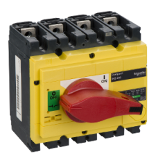 31127 switch disconnector, Compact INS250, 250A, with red rotary handle and yellow front, 4 poles