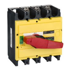 31128 switch disconnector, Compact INS320, 320A, with red rotary handle and yellow front, 3 poles