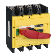 31129 switch disconnector, Compact INS320, 320A, with red rotary handle and yellow front, 4 poles