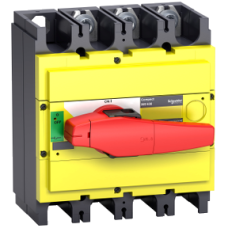 31132 switch disconnector, Compact INS500, 500A, with red rotary handle and yellow front, 3 poles