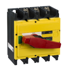31134 switch disconnector, Compact INS630, 630A, with red rotary handle and yellow front, 3 poles