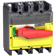 31190 switch disconnector, Compact INV400, visible break, 400 A, with red rotary handle and yellow front, 3 poles