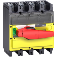 31193 switch disconnector, Compact INV500, visible break, 500 A, with red rotary handle and yellow front, 4 poles