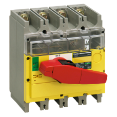 31195 switch disconnector, Compact INV630, visible break, 630 A, with red rotary handle and yellow front, 4 poles